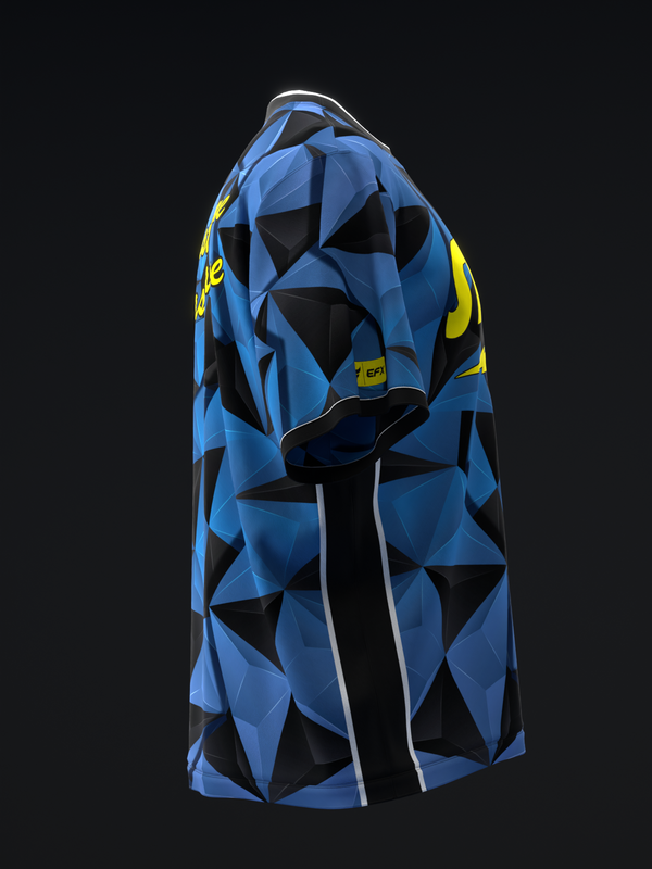 Blue and black geometric bowling jersey with yellow accent details, side view