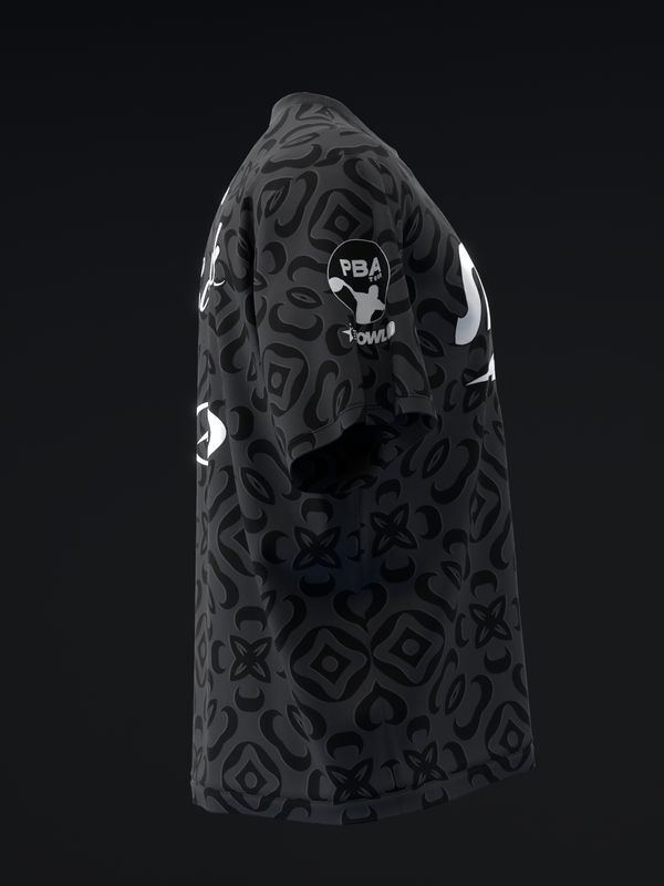 Black bowling jersey with embossed geometric pattern and white shoulder accents, back view