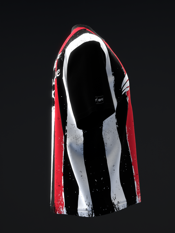Sleeveless bowling jersey in red, black, and white vertical color blocks with distressed texture