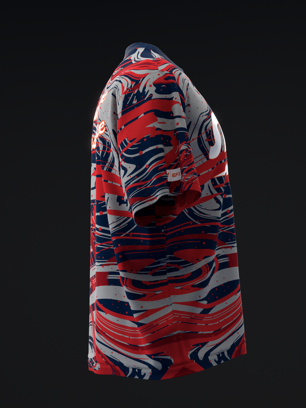 Red, navy, and white bowling jersey with abstract liquid swirl pattern, back view