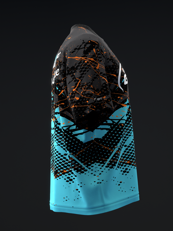 Black and turquoise bowling jersey with orange splatter and geometric pattern design