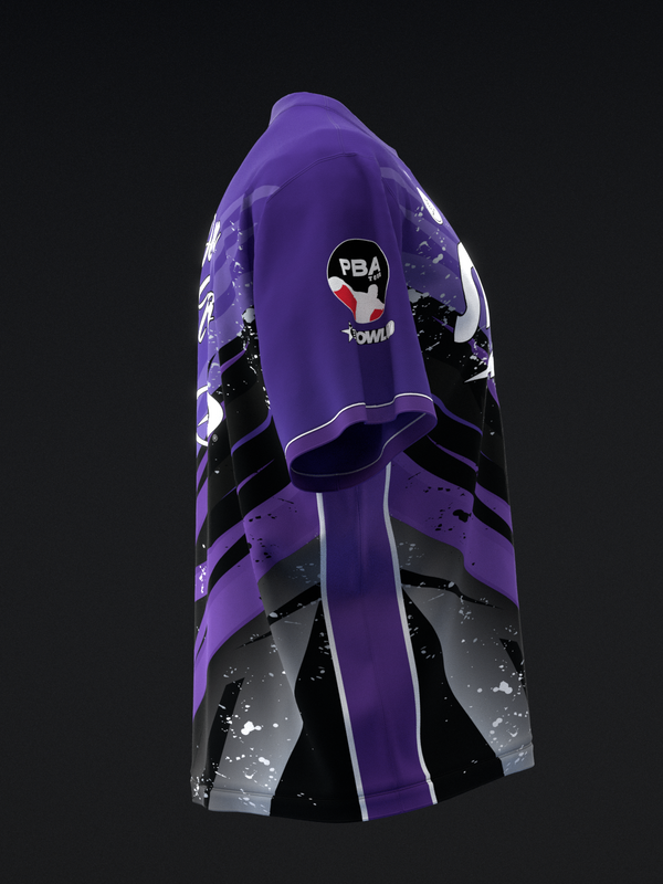 Purple and black bowling jersey with lightning graphic design and PBA logo