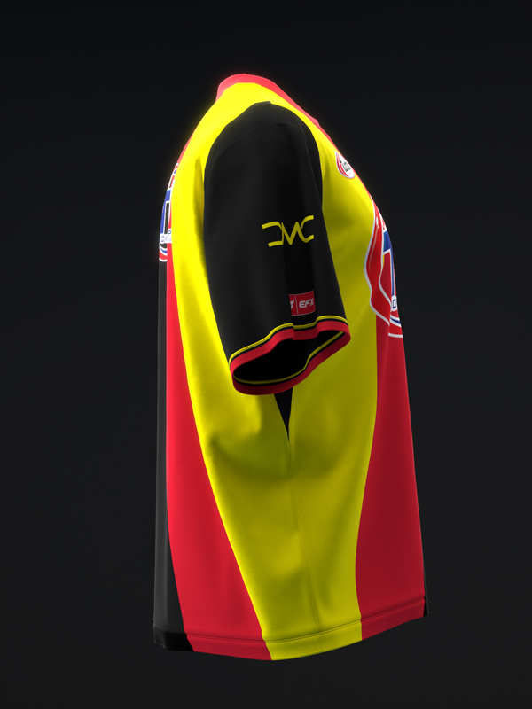 Red, yellow, and black bowling jersey displayed on form, front view