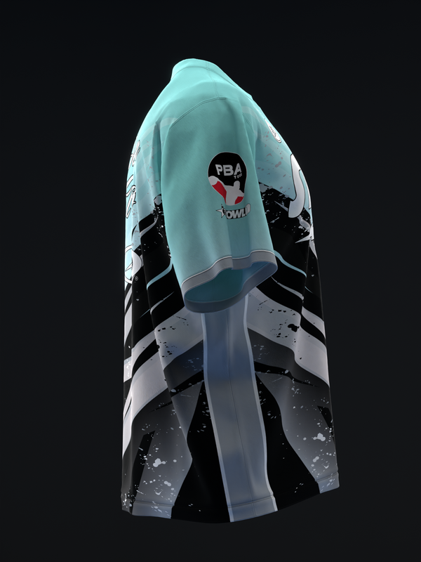 Light blue bowling jersey with black and white splatter pattern design, back view