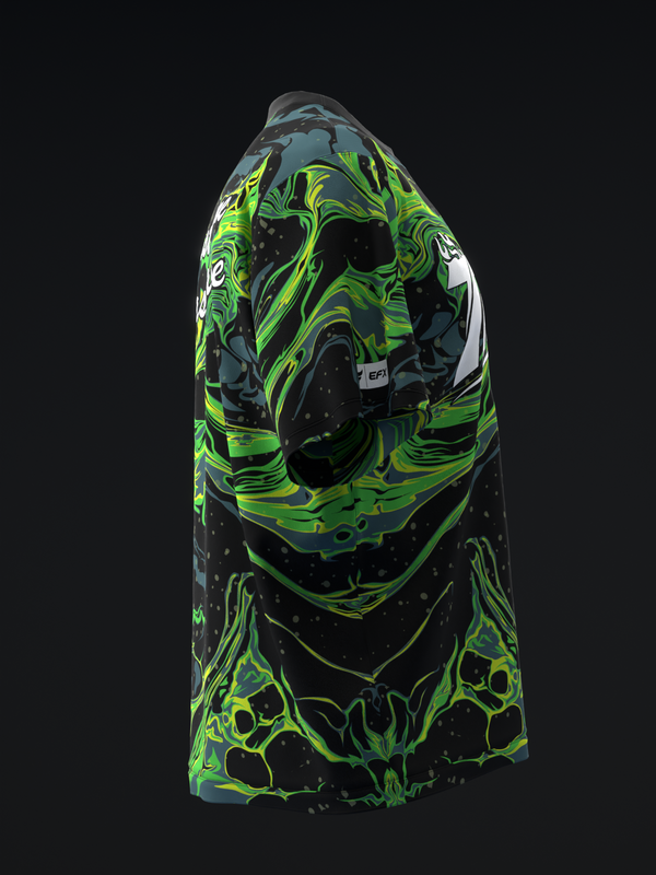 Black bowling jersey with neon green abstract swirl and skull graphic design, side view