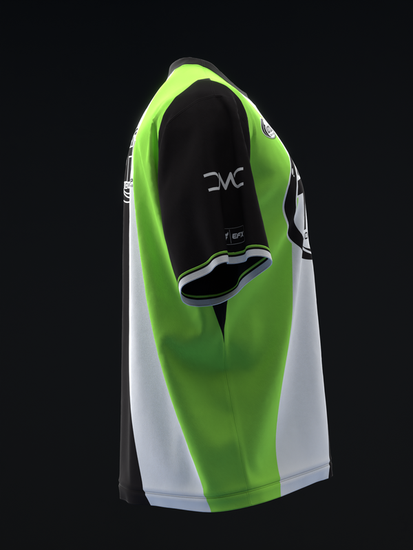 Neon green and white bowling jersey with black side panels, back view