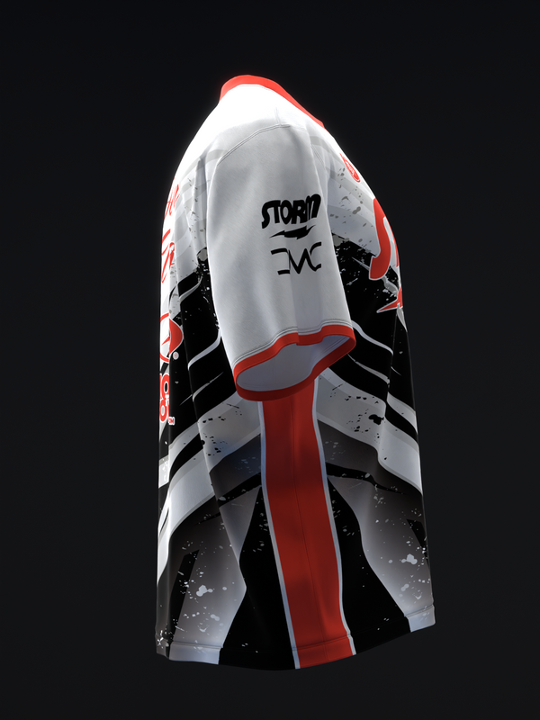 Bowling jersey with red, white, and black colorblock design and Storm branding
