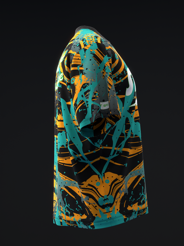 Turquoise and orange abstract bowling jersey displayed on dress form, front view