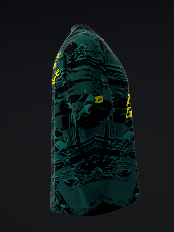 Teal and black bowling jersey with abstract geometric graphic pattern and yellow accents