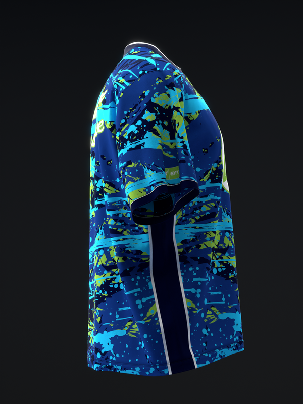 Bowling jersey in navy, cyan, and lime with abstract splatter pattern, side view