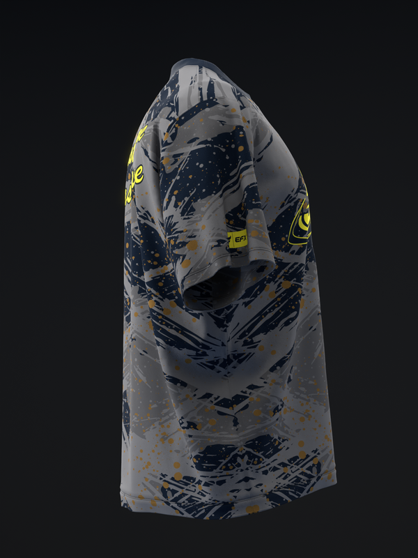 Gray bowling jersey with navy and yellow abstract splatter pattern, front view