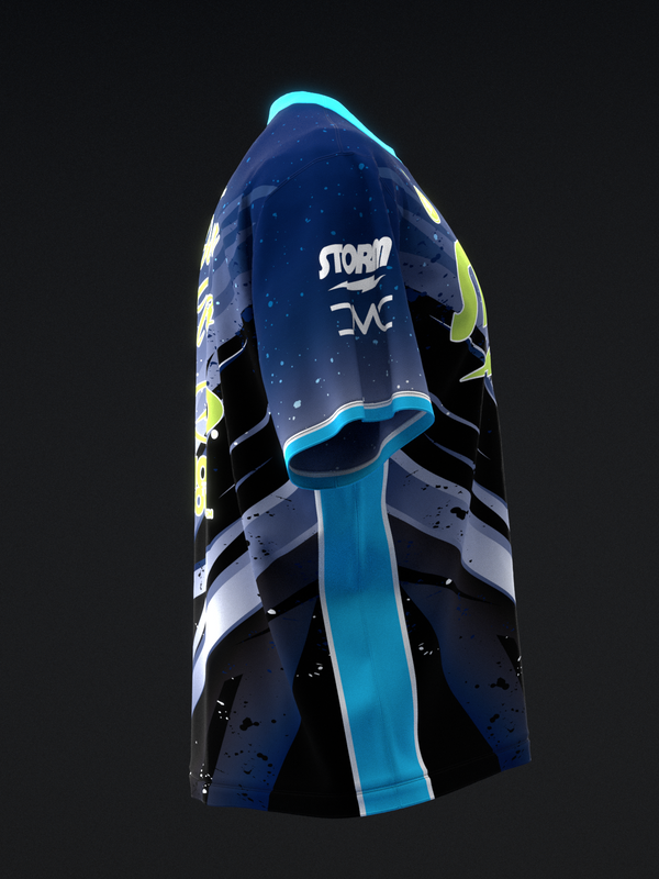 Storm bowling jersey in dark blue with lime and cyan accents, back view