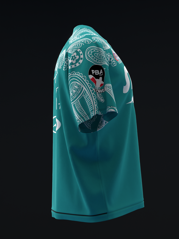 Teal bowling jersey back view with white paisley and geometric patterns, PBA logo