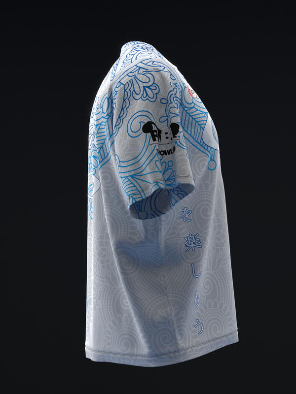 White bowling jersey with blue paisley pattern and graphic design, front view