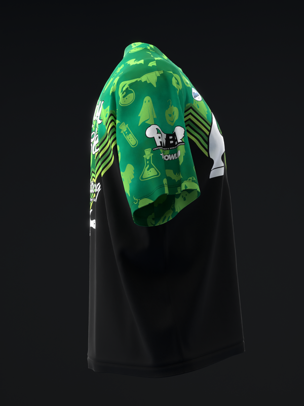 Black bowling jersey with green and yellow Halloween-themed back panel graphic