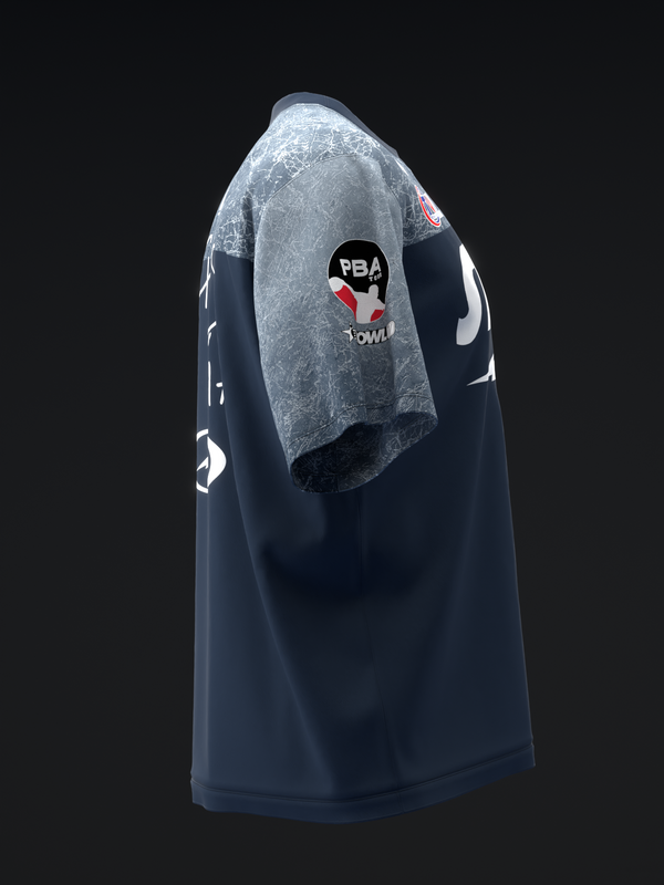 Navy bowling jersey with gray textured shoulder panel and PBA logo graphic