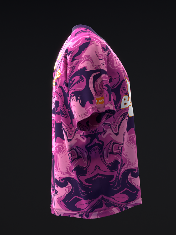 Pink and purple bowling jersey with abstract swirl pattern, side view