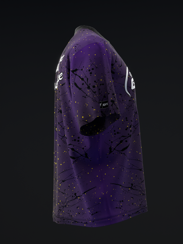 Purple bowling jersey with black splatter and gold speckle design, back view