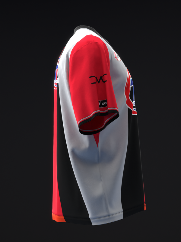 Red, white, and black bowling jersey with retro stripe design, side view
