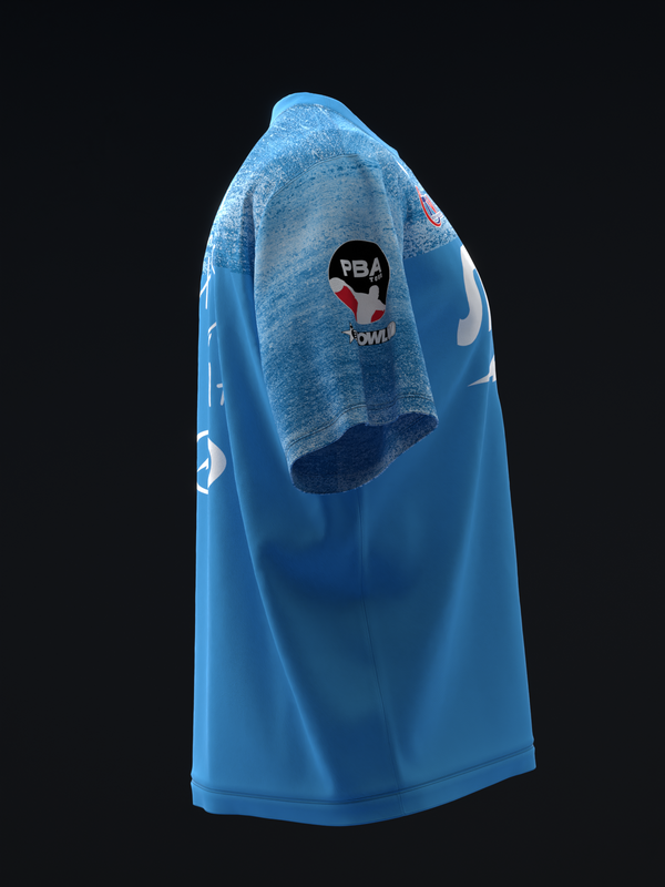 Blue bowling jersey with heathered shoulder panel and PBA graphic logo visible