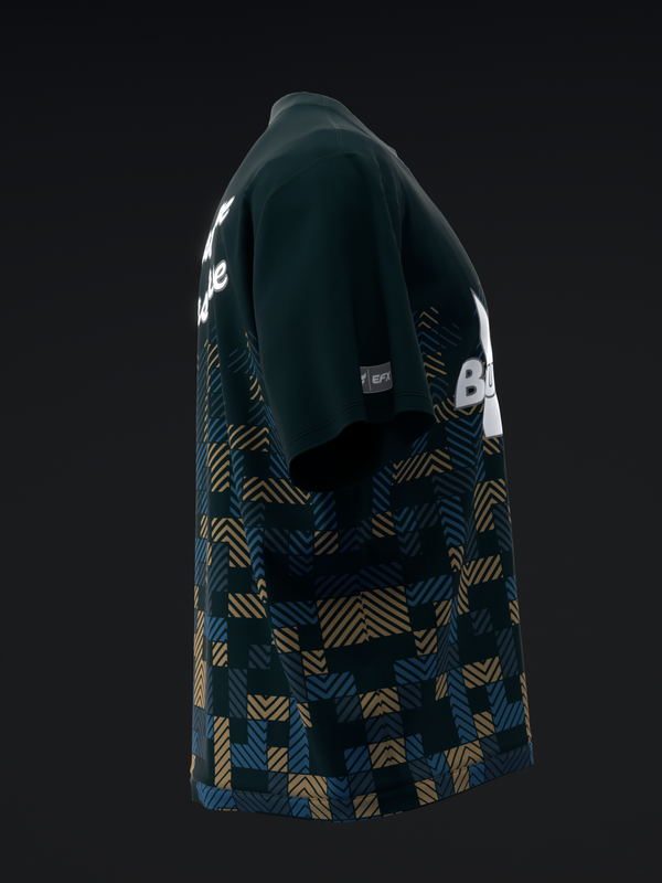 Dark teal bowling jersey with geometric gold and blue patterned lower body