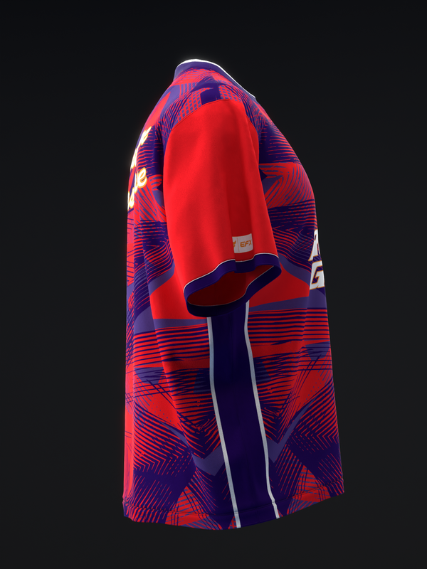 Red and navy bowling jersey with geometric pattern, side view