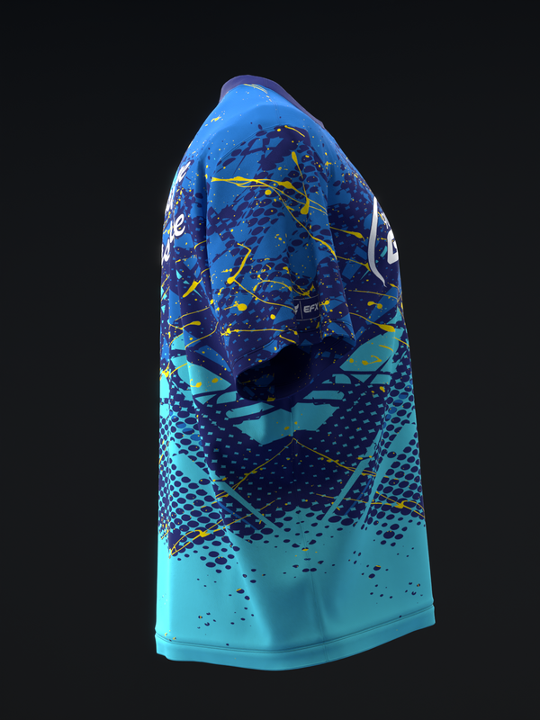 Blue bowling jersey with yellow splatter and geometric dot pattern design, back view