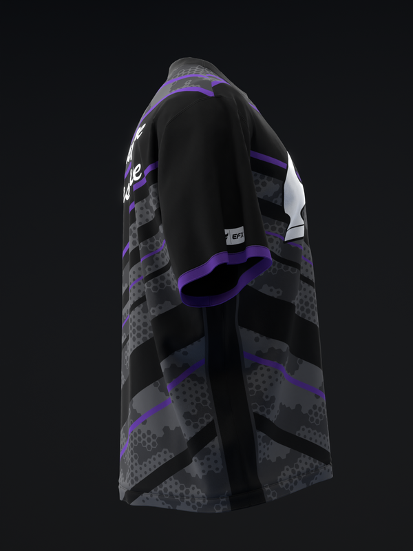 Bowling jersey with black, purple, and gray geometric pattern on side view