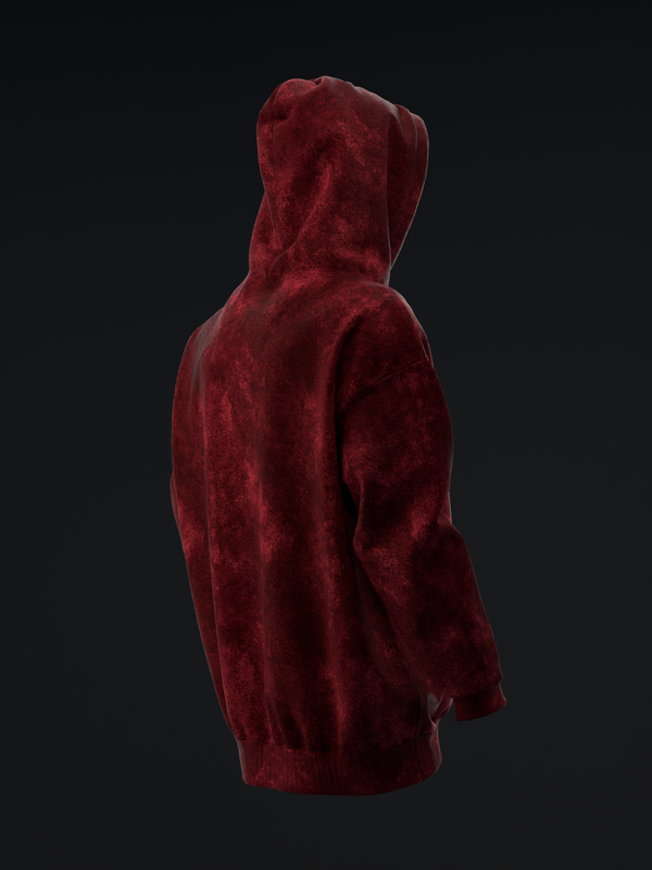Deep red velvet pullover hoodie with textured distressed finish, side view