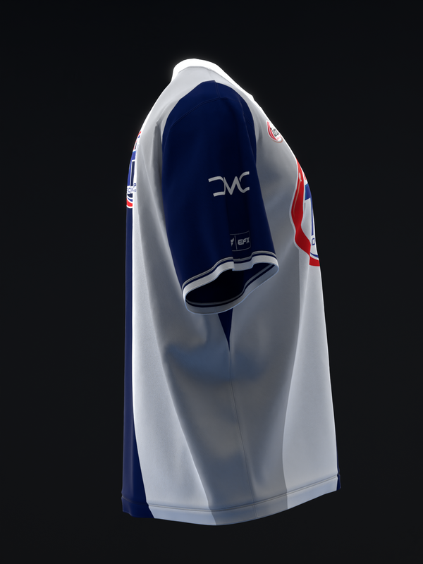 Navy and white bowling jersey with red stripe detail, side view