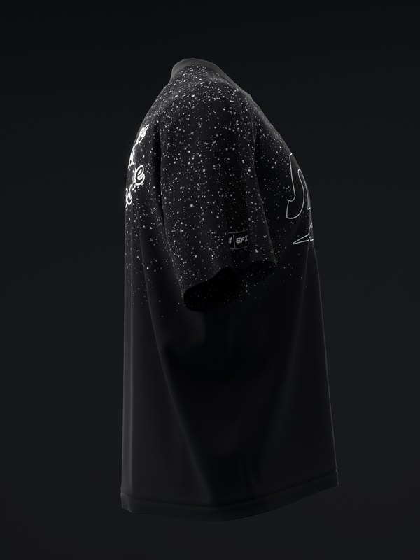 Black bowling jersey with glittery speckled pattern on shoulder area, back view