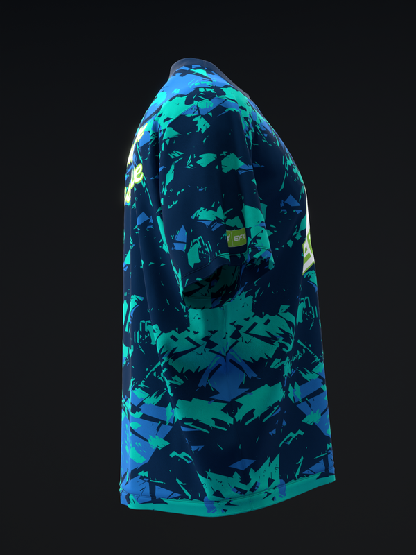 Black bowling jersey with cyan and teal abstract splatter print, side view