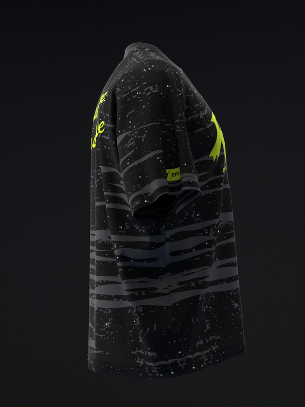 Black bowling jersey with gray horizontal stripes and neon yellow accents, front view
