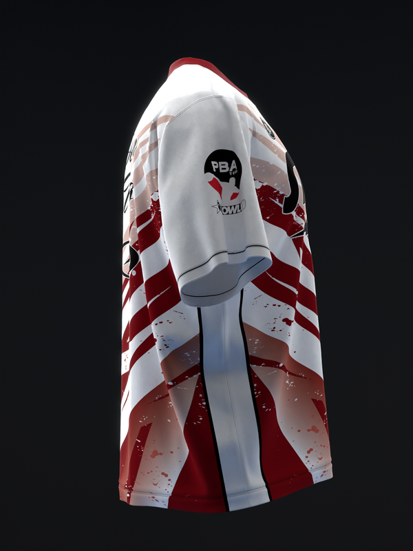 White and maroon bowling jersey with splatter pattern and PBA logo, back view