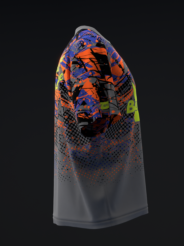 Bowling jersey with blue, orange, and gray colors and abstract geometric graphic pattern