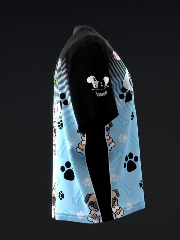 Light blue bowling jersey with pug dogs, paw prints, and bones pattern displayed on form