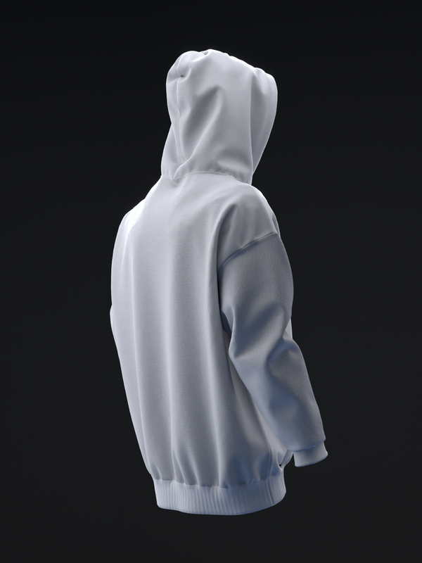 White pullover hoodie with ribbed cuffs and hem, side view