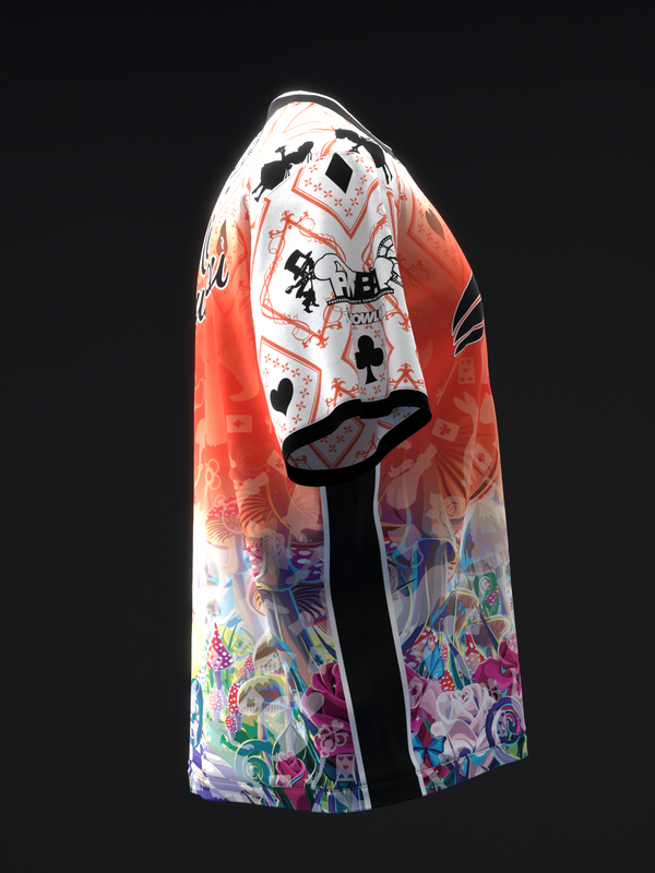 Bowling jersey with coral and white colorblock, playing card and floral graphics throughout