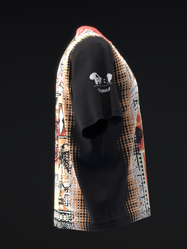 Black and coral bowling jersey with abstract Hawaiian graphic design and dotted pattern