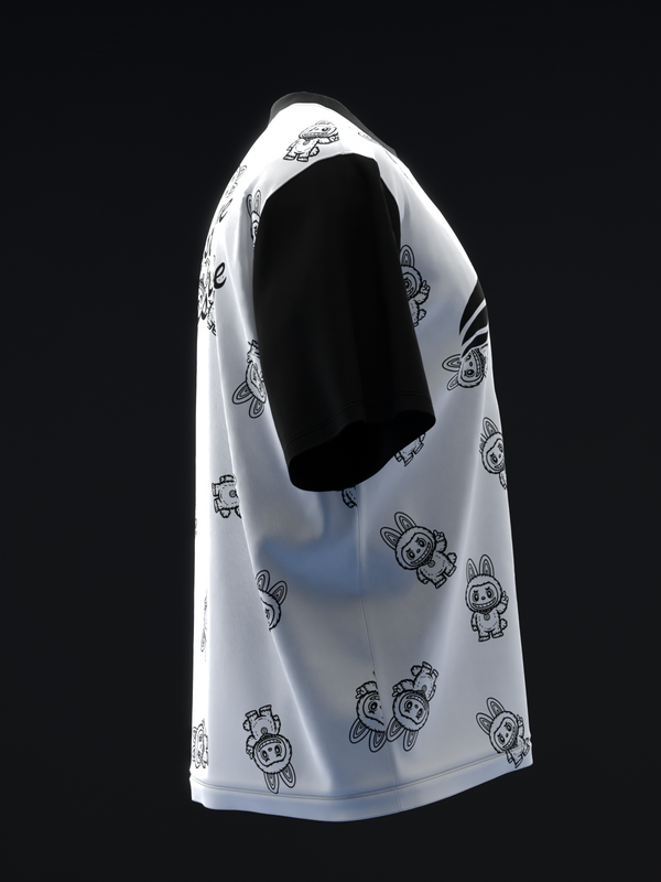 White sleeveless bowling jersey with black cartoon character pattern throughout