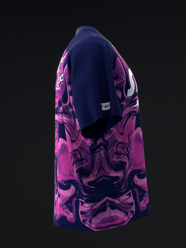 Navy and pink bowling jersey with abstract marble swirl pattern, side view
