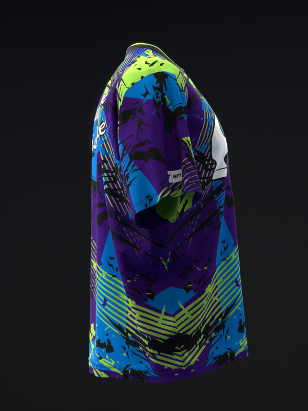 Bowling jersey in purple, blue, and neon yellow with abstract geometric patterns, front view