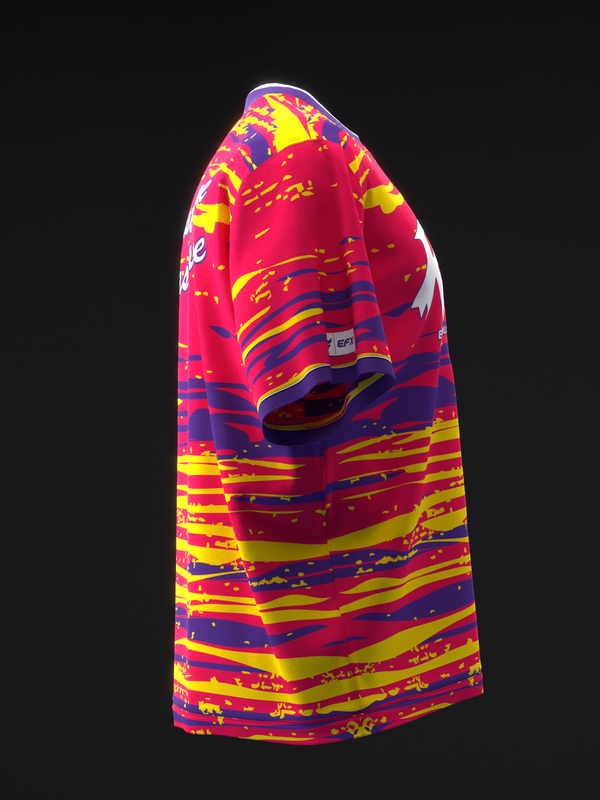 Red bowling jersey with yellow, blue, and purple horizontal striped pattern, side view