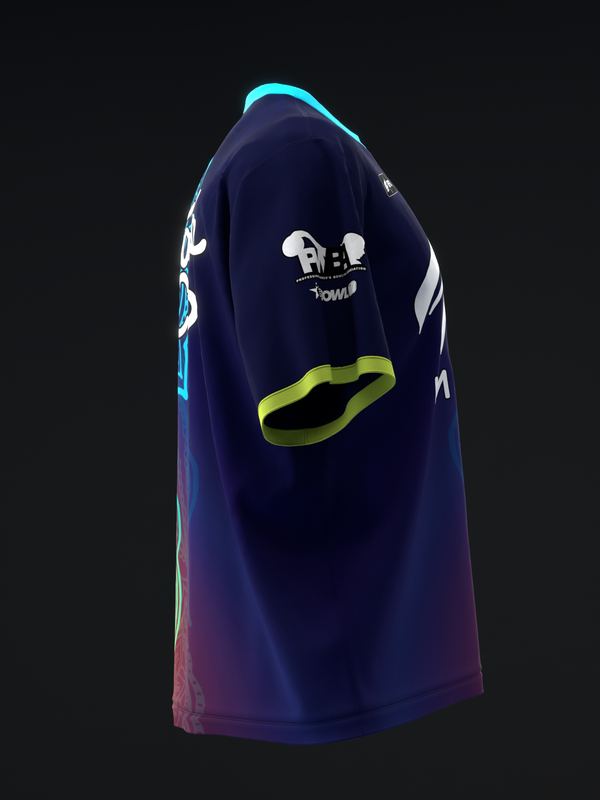 Dark blue bowling jersey with cyan trim, gradient fade, and white graphic design detail