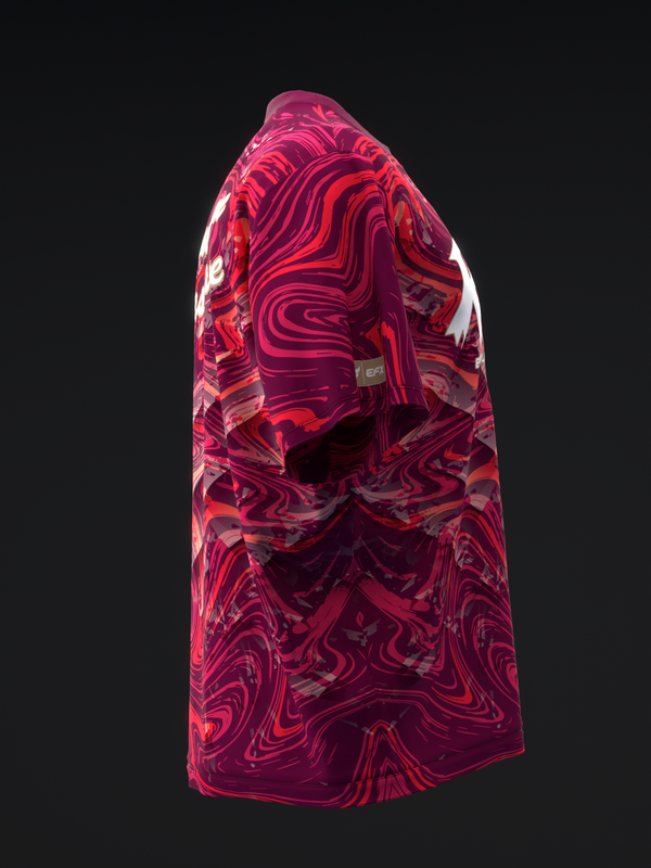 Red and magenta bowling jersey with swirled abstract pattern, front view