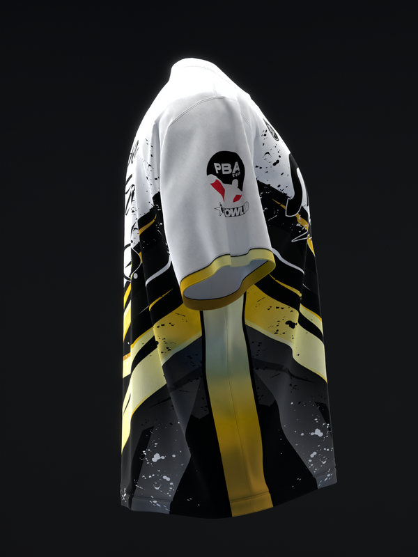 White bowling jersey with black and yellow lightning stripe design, front view