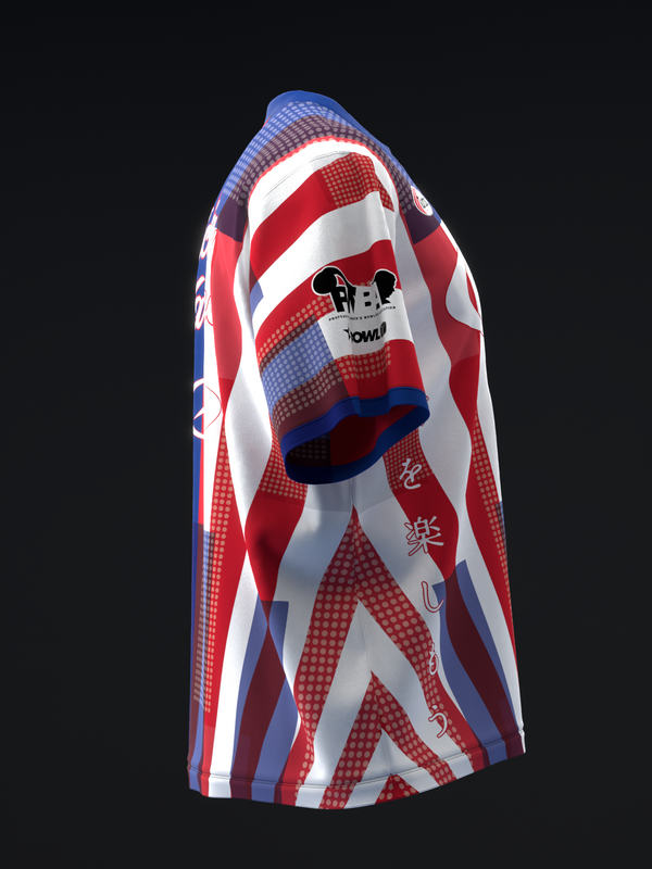 Bowling jersey with red, white, and blue diagonal striped pattern and bowling pin graphic