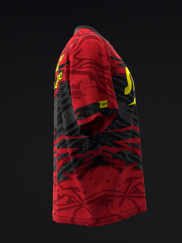 Red bowling jersey with black geometric patterns and yellow accent stripes, side view