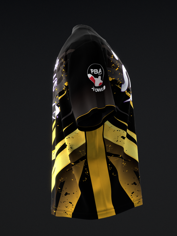 Black and yellow bowling jersey with splatter pattern and PBA logo, front view