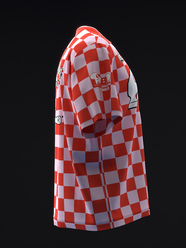 Red and white checkerboard bowling jersey, three-quarter view side angle